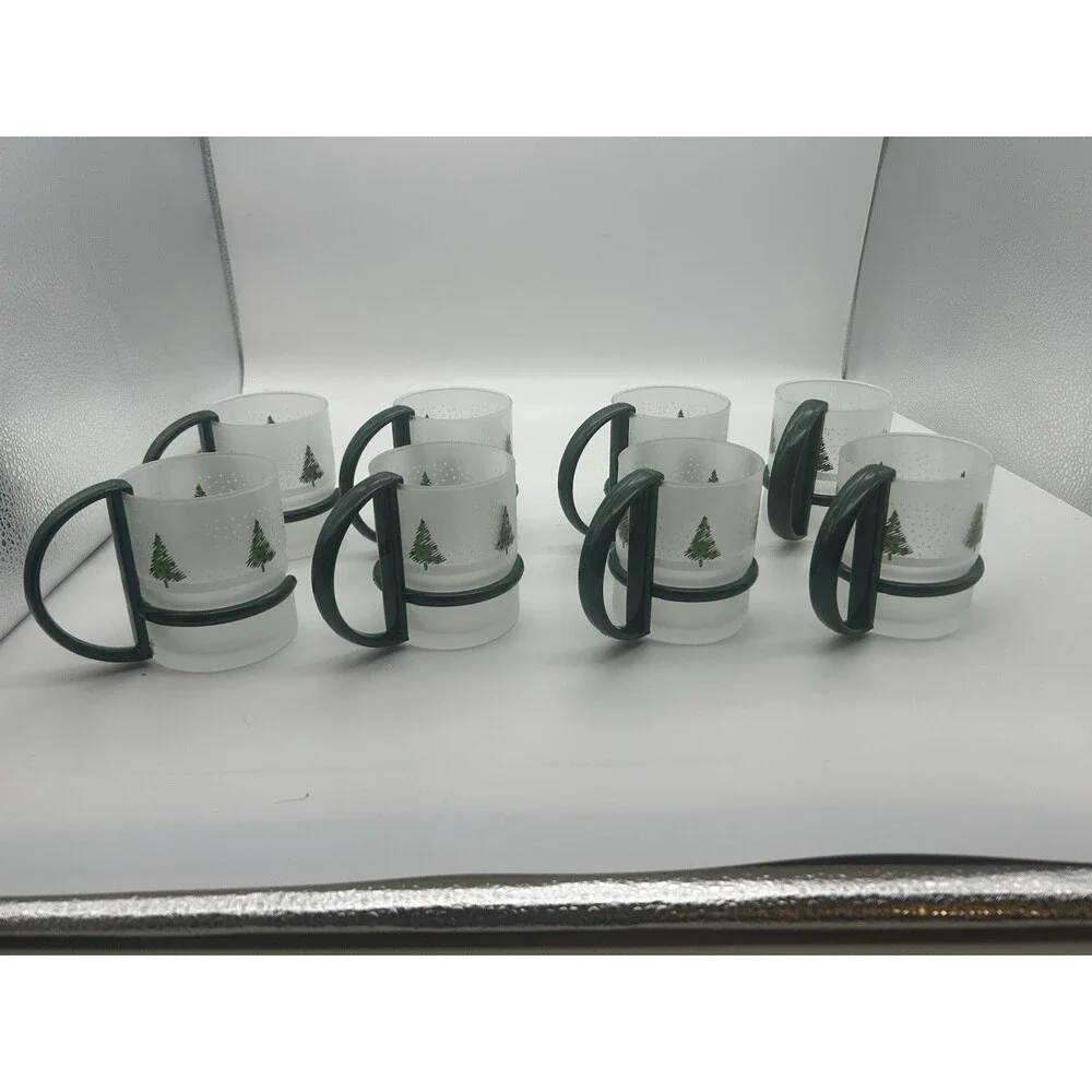 8 Christmas Inspiration Frosted Glass Mugs w/ Removable Handles VTG Set